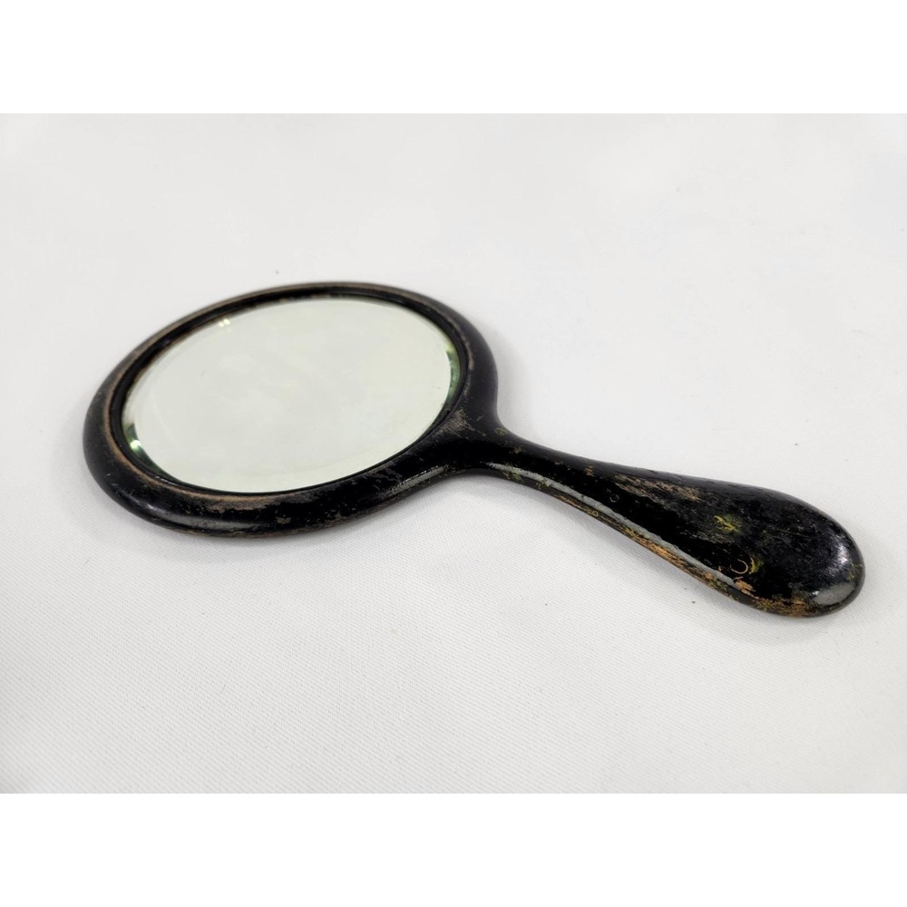 Vintage Wooden Handle Hand Mirror - Beveled Glass Aged Wood 6" Diameter‎ Makeup